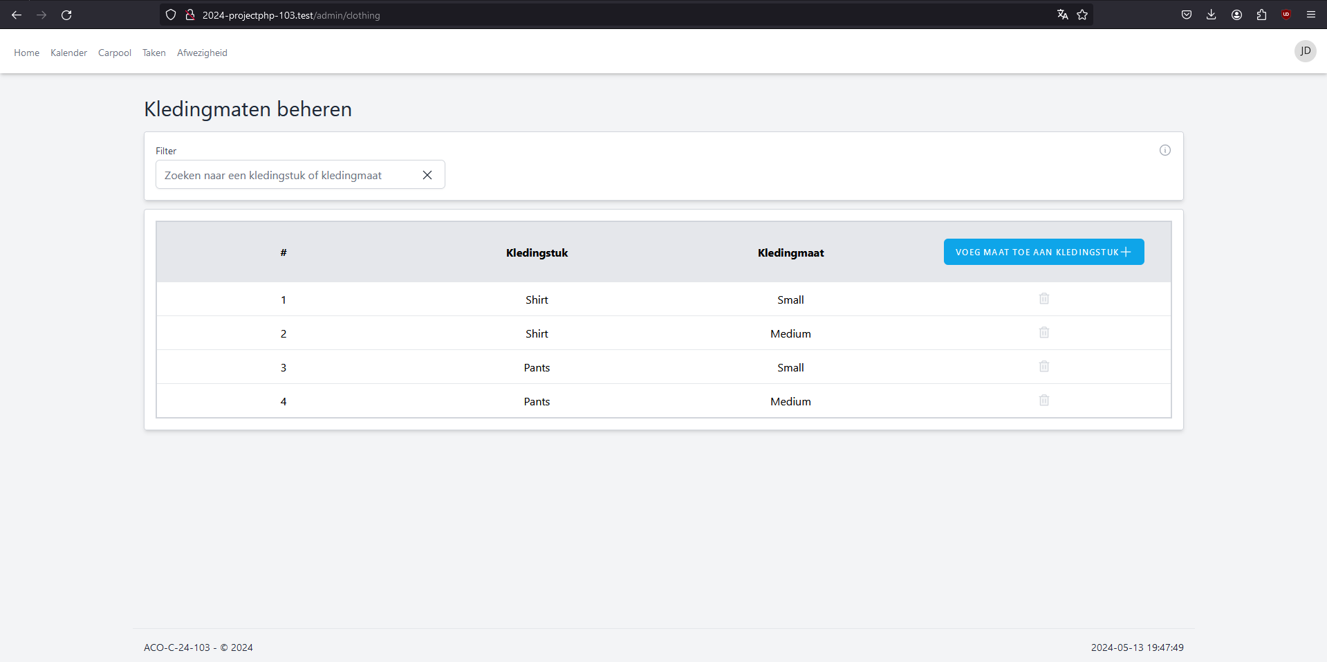 Kledingstuk beheerscherm overzicht